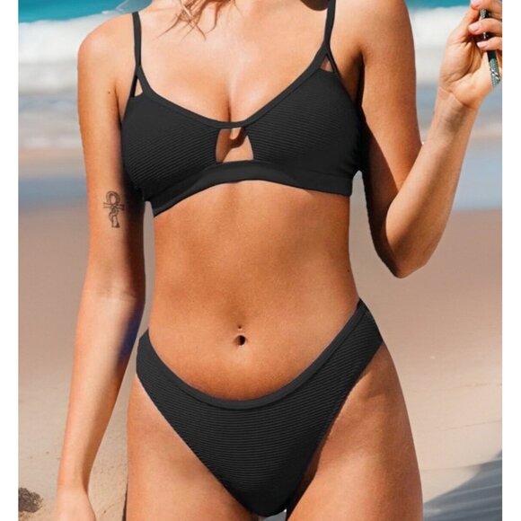 Cupshe Women’s Bikini XS Black Ribbed Cutout Top High Leg Cheeky Swim Set - Picture 1 of 8